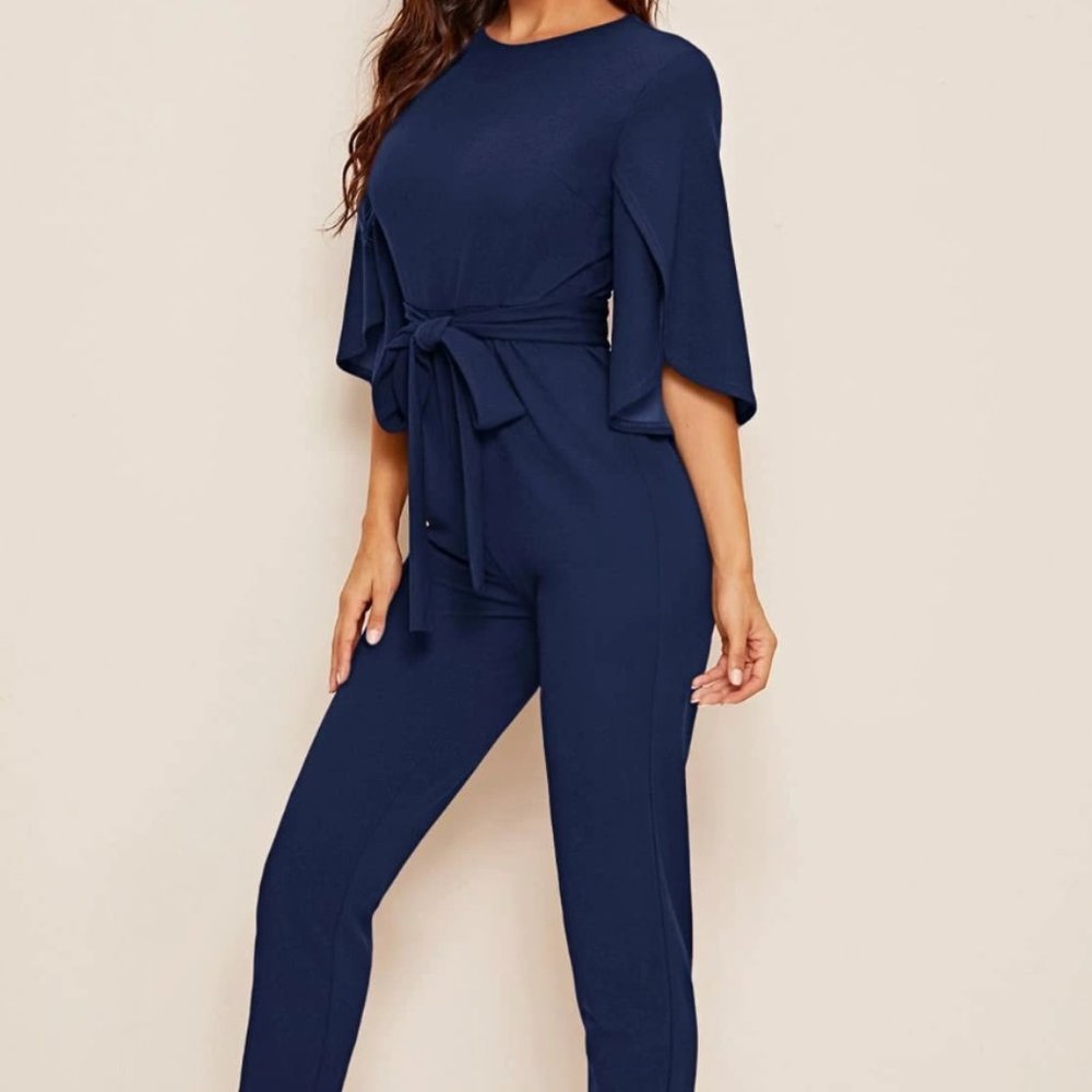 Split Sleeve Belted Solid Jumpsuit